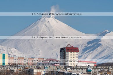 Две фотографии зимнего города Петропавловска-Камчатского на фоне конуса действующего вулкана Авачинская сопка на полуострове Камчатка