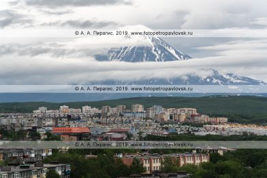Фотография города Петропавловска-Камчатского на фоне Корякского вулкана летом