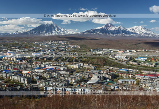 Вид на город Петропавловск-Камчатский на фоне "домашних" вулканов (Корякский, Авачинский и Козельский)