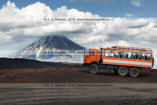 Фотография: экспедиционный автомобиль высокой проходимости КамАЗ-вахтовка на фоне стратовулкана Большая Удина в Ключевской группе вулканов. Полуостров Камчатка