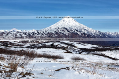 Фотография (панорама): горный пейзаж Камчатки — вулкан Вилючинская сопка (вулкан Вилючинская сопка, Вилючик, Vilyuchinsky Volcano) в снежном наряде