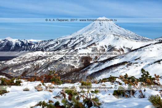 Фотография: зимний горный пейзаж полуострова Камчатка — конус вулкана Вилючинская сопка (Vilyuchinsky Volcano)