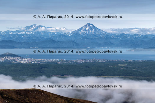 Панорамная фотография: вид со склона Авачинского вулкана на город Петропавловск-Камчатский, Авачинскую губу (Авачинскую бухту), Мутновский вулкан и Вилючинский вулкан. Полуостров Камчатка