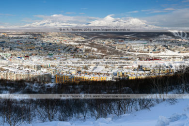 Зимняя панорамная фотография города Петропавловска-Камчатского на фоне «домашних» вулканов.